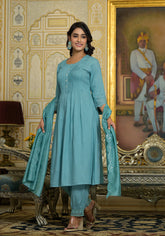Sky Blue Mirror Embroidered Liva Rayon Kurta Pant And Dupatta Set With Lace & Button Detail-J4819SKYBLUE
